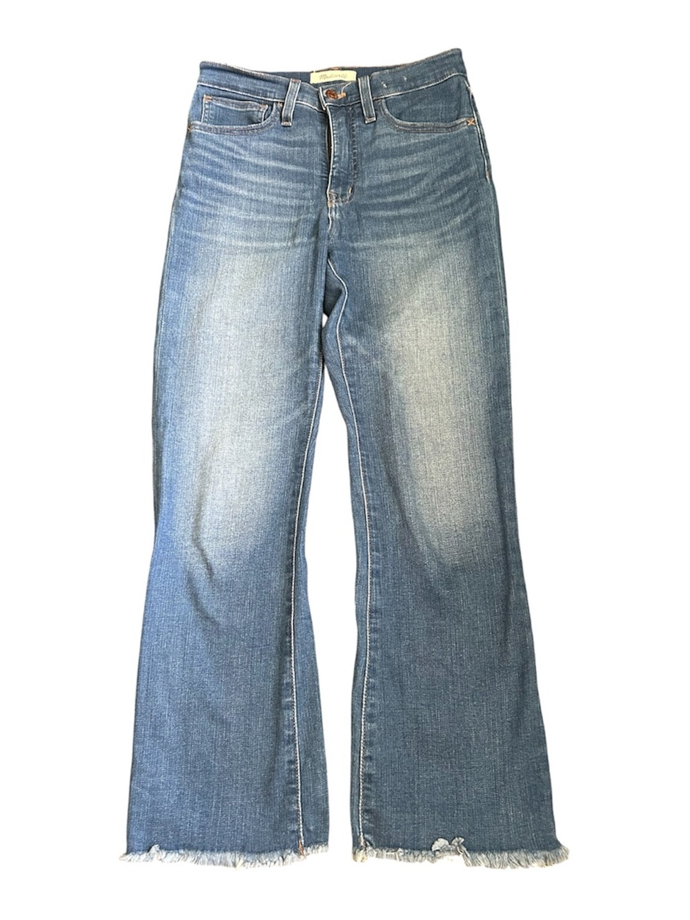 Madewell Medium Blue Wide-Leg Flare Jeans with Frayed Hem